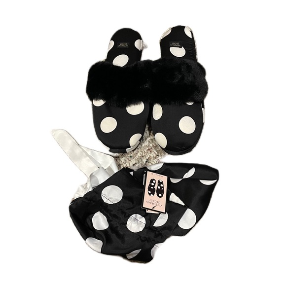 NWT Victoria’s Secret Polka Dot Satin and Faux Fur Slippers Size Medium (7-8) - Picture 7 of 7